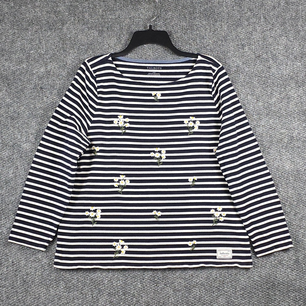 Talbots Women XLp Shirt Navy White Striped Embroidered Daisy Cotton Long Sleeve